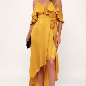 NWT Lulus Layla Mustard Yellow Satin Off-the-Shoulder Wrap Dress – Size Large